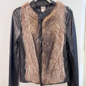 Haute Hippie Black Leather Jacket with Brown Fur